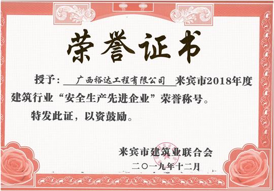 来宾市2018年度建筑行业“安全生产先进HTH官方入口-HTH.COM”